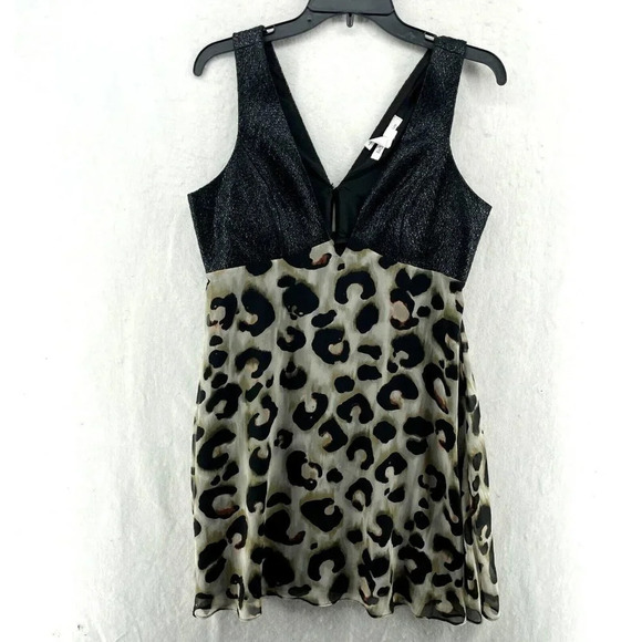 BCBGeneration Mini Dress Women's 8 Black Leopard Print Plunging V-Neck Metallic - Picture 1 of 11